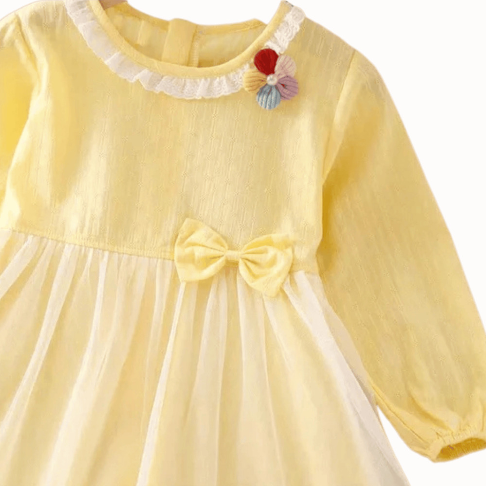 Yellow Dress, Girl Easter Sz 4T, Tulle Overlay, Long Sleeve, Eyelet Pearl Flower - Picture 4 of 8